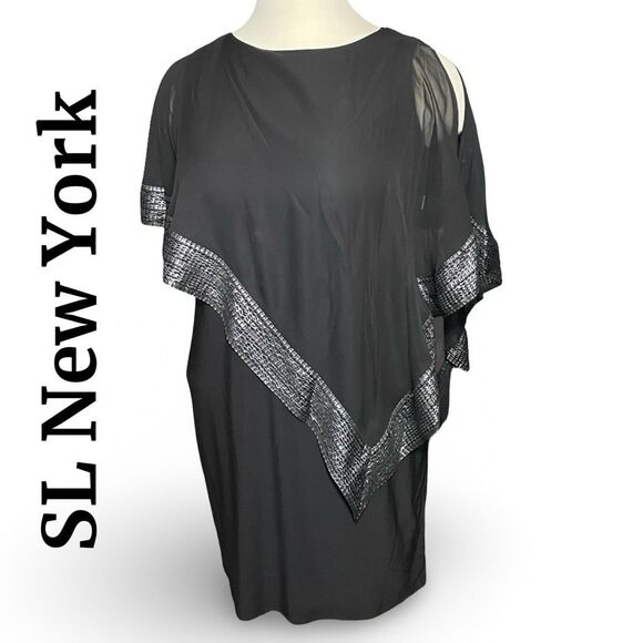 SL FASHIONS NEW YORK Metallic-Trim Capelet Sheath Dress, Black, NWT, Size 16 - Picture 1 of 13